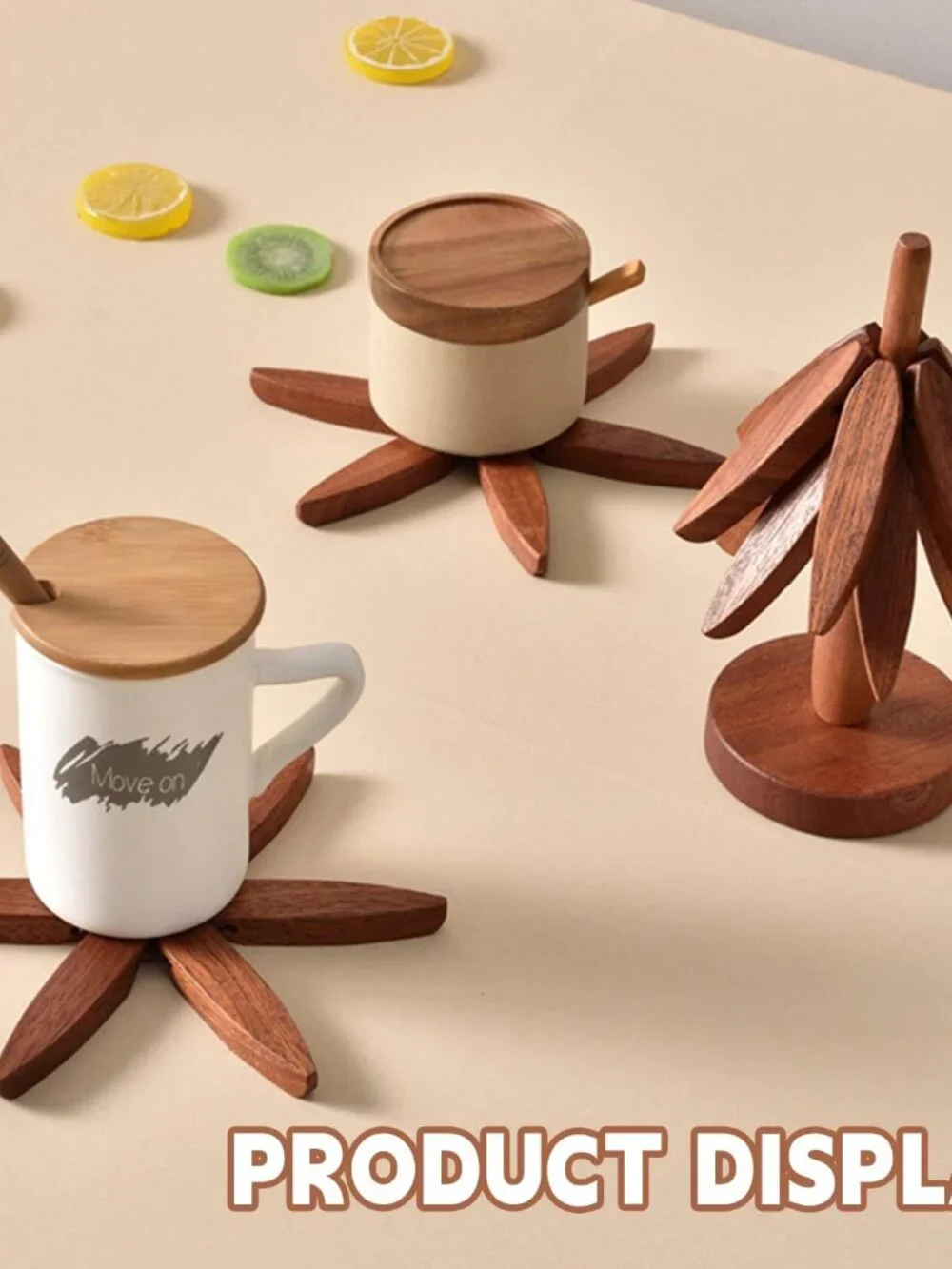 Wooden Trivets for Hot Dishes, Tree Shape Trivet Set, 4 Walnut Wood + 1 Stand st